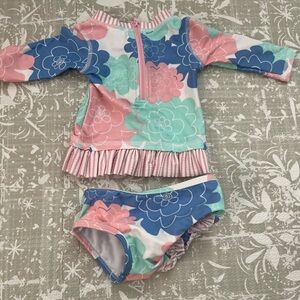 Ruffle Butts infant swimsuit 2 piece long sleeve and pull on bottoms 3-6 M